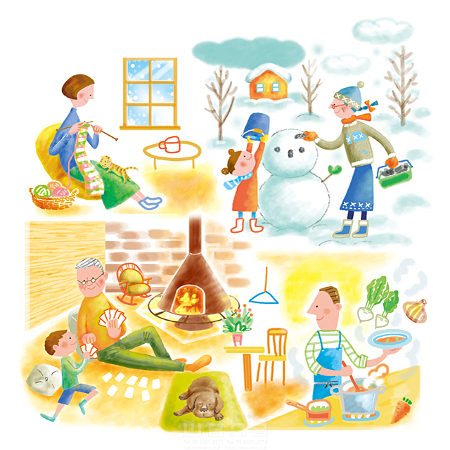 イラスト＆写真のストックフォトwaha（ワーハ）　家族、人物、母、父、祖父、祖母、子供、料理、ダイニング、猫、犬、ペット、雪、雪だるま、編み物、暖炉、遊び、屋外、屋内、冬　菊地礼子　18-4662b