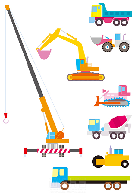 イラスト＆写真のストックフォトwaha（ワーハ）　乗り物、工事車両、働く車、職業、産業、復興、クレーン車、トラック、ショベルカー、ローダー車、ミキサー車、ロードローラー　Tatsuya　18-4828c