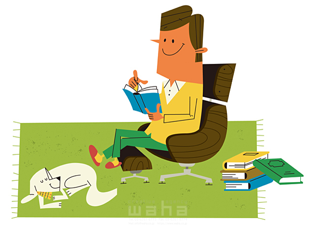 イラスト＆写真のストックフォトwaha（ワーハ）　人物、男性、お父さん、中高年、椅子、座る、リラックス、読む、読書、本、趣味、ペット、犬、白バック　金子典生　18-4875b