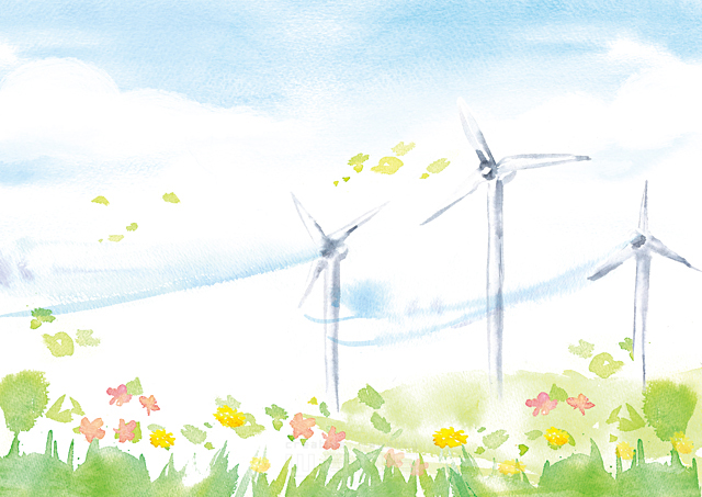 イラスト＆写真のストックフォトwaha（ワーハ）　風力発電、風車、電力、資源、エネルギー、環境、エコロジー、自然、爽やか　たけもと えりこ　18-4974c