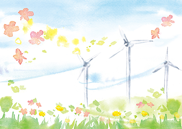 イラスト＆写真のストックフォトwaha（ワーハ）　風力発電、風車、電力、資源、エネルギー環境、エコロジー、自然、爽やか　たけもと えりこ　18-4975c