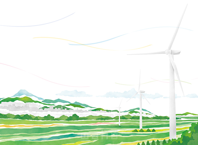 イラスト＆写真のストックフォトwaha（ワーハ）　風景、社会、山、エコロジー、エネルギー、環境、風力発電、電力、資源　田中邦彦　18-4988c