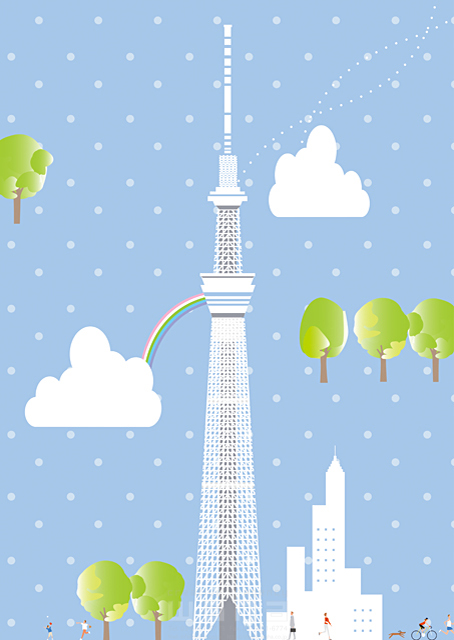 人々 街 都会 都市 スカイツリー タワー 東京 季節 夏 雨 虹 イラスト作品紹介 イラスト 写真のストックフォトwaha ワーハ カンプデータは無料