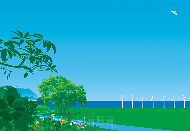 風景 エコ 環境 エネルギー 空 青空 海 資源 電力 発電 風力 風車 イメージ 未来 木 自然 緑 川 イラスト作品紹介 イラスト 写真のストックフォトwaha ワーハ カンプデータは無料