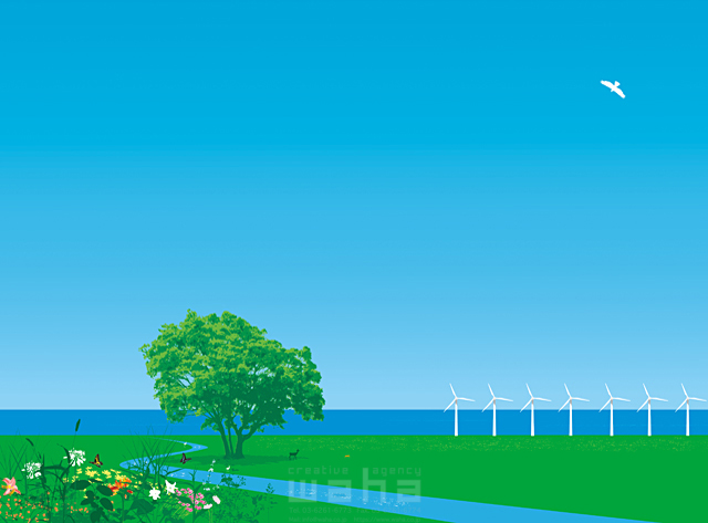 風景 エコ 環境 エネルギー 空 青空 海 資源 電力 発電 風力 風車 イメージ 未来 木 自然 緑 川 イラスト作品紹介 イラスト 写真のストックフォトwaha ワーハ カンプデータは無料