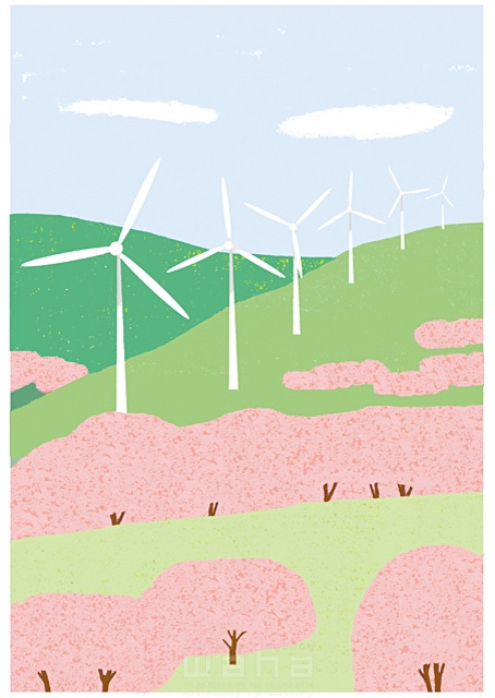 イラスト＆写真のストックフォトwaha（ワーハ）　風景、風力発電、電力、エネルギー、環境、エコロジー、自然、春、桜、山　細田 雅亮　18-5045c