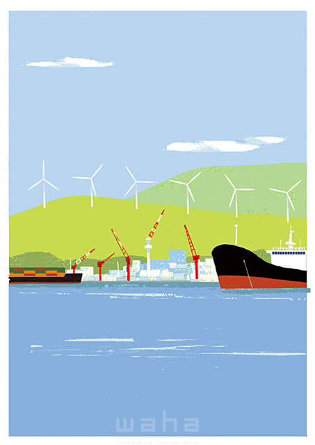 イラスト＆写真のストックフォトwaha（ワーハ）　風景、風力発電、電力、エネルギー、環境、エコロジー、自然、春、船、港、海　細田 雅亮　18-5049cv