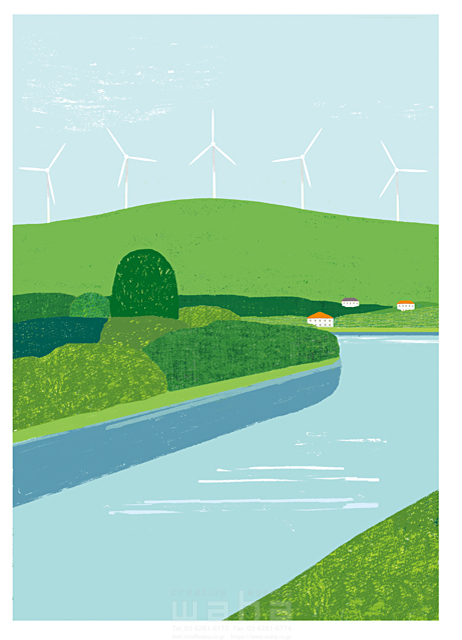 イラスト＆写真のストックフォトwaha（ワーハ）　風景、風力発電、電力、エネルギー、環境、エコロジー、自然、夏、川　細田 雅亮　18-5051c