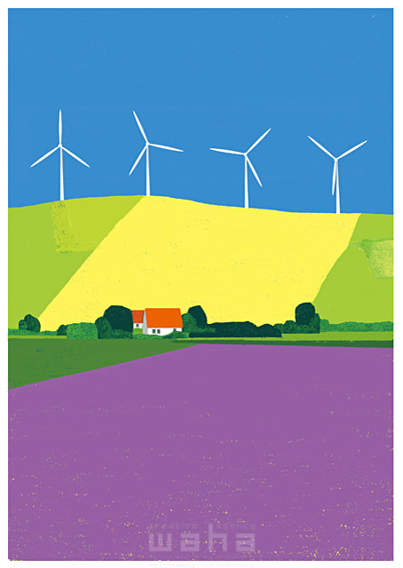 イラスト＆写真のストックフォトwaha（ワーハ）　風景、風力発電、電力、エネルギー、環境、エコロジー、自然、夏、ラベンダー畑　細田 雅亮　18-5053cv