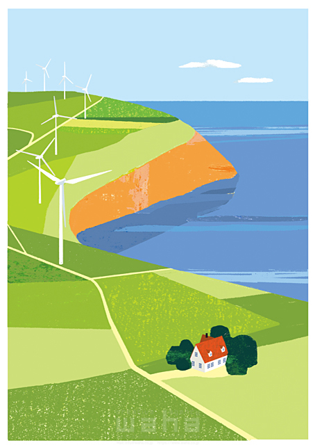 イラスト＆写真のストックフォトwaha（ワーハ）　風景、風力発電、電力、エネルギー、環境、エコロジー、自然、夏、海、岬、家、住宅　細田 雅亮　18-5057cv