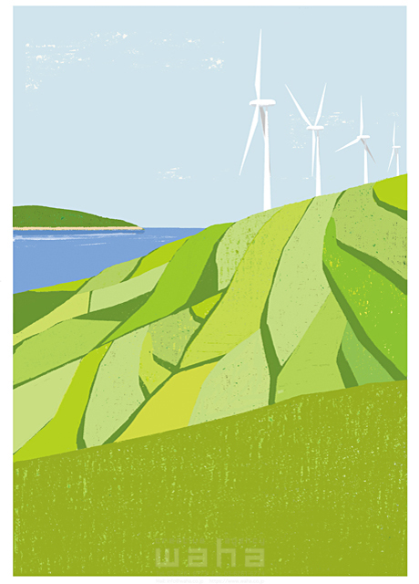 イラスト＆写真のストックフォトwaha（ワーハ）　風景、風力発電、電力、エネルギー、環境、エコロジー、自然、初秋、秋　細田 雅亮　18-5059c