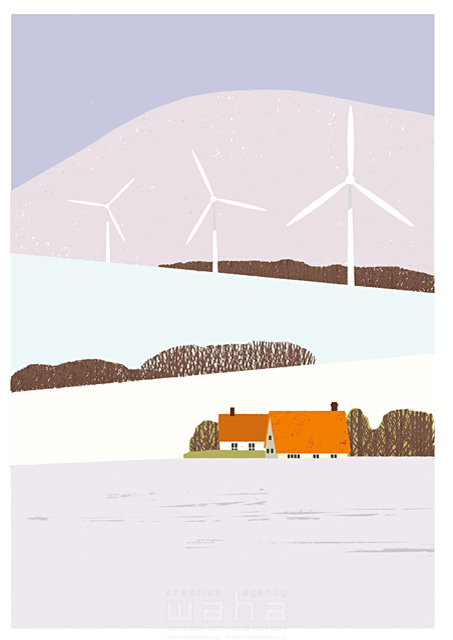 イラスト＆写真のストックフォトwaha（ワーハ）　風景、風力発電、電力、エネルギー、環境、エコロジー、自然、冬、山、雪、家、住宅　細田 雅亮　18-5063cv