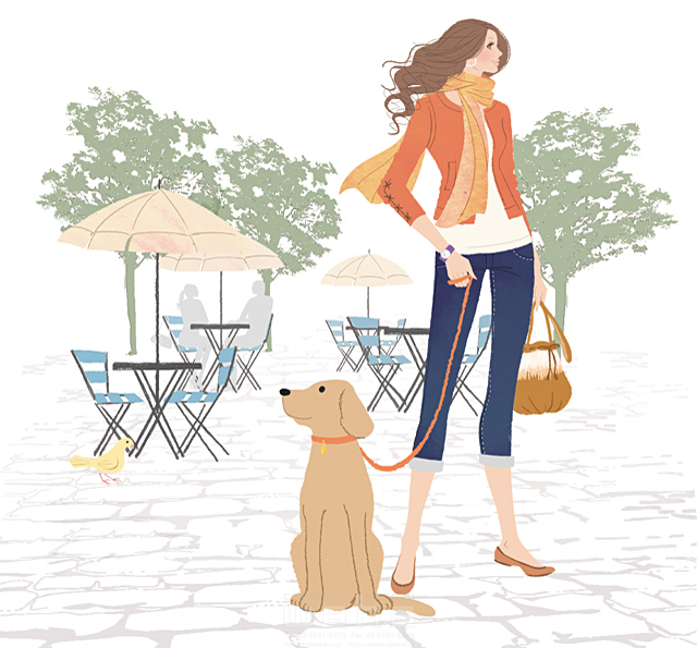 人物 女性 犬 ペット 散歩 カフェ イラスト作品紹介 イラスト 写真のストックフォトwaha ワーハ