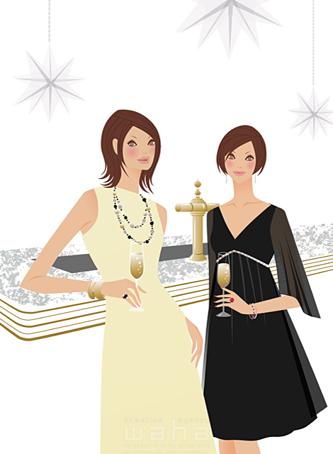 人物 女性 二人 パーティー ドレス フォーマル シャンパン イラスト作品紹介 イラスト 写真のストックフォトwaha ワーハ カンプデータは無料