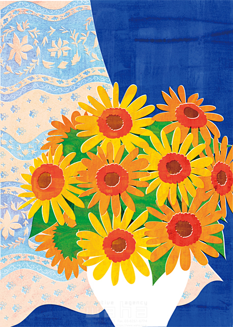 イラスト＆写真のストックフォトwaha（ワーハ）　季節、夏、花、ひまわり、花瓶、カーテン、インテリア　Ananas Works　18-5160c