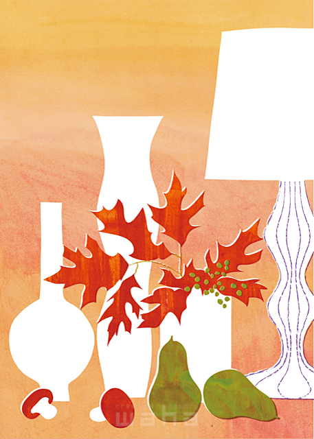 イラスト＆写真のストックフォトwaha（ワーハ）　季節、秋、キノコ、洋梨、柊、花瓶、照明、インテリア　Ananas Works　18-5162c