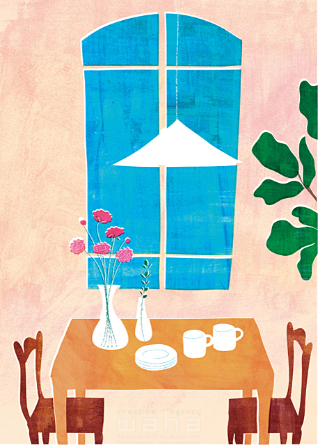 イラスト＆写真のストックフォトwaha（ワーハ）　家、インテリア、ダイニング、食卓、食器、テーブル、観葉植物、生活小物、花　Ananas Works　18-5168c
