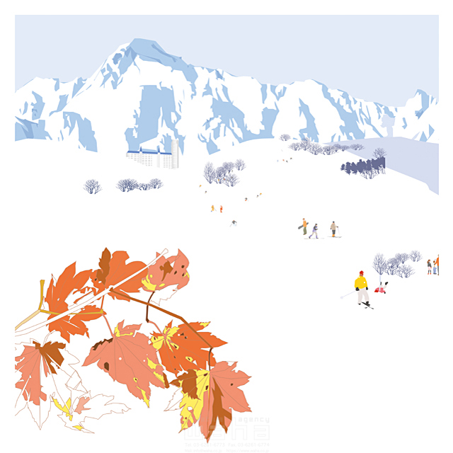 イラスト＆写真のストックフォトwaha（ワーハ）　季節、冬、風景、枯れ葉、雪山、ゲレンデ、スキー　都筑 みなみ　18-5259c