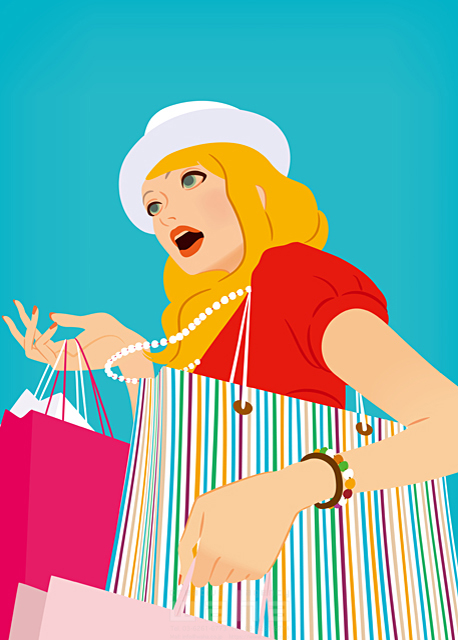 イラスト＆写真のストックフォトwaha（ワーハ）　人物、女性、ショッピング、ショッピングバッグ、紙袋、帽子、驚く　soccu　18-5265b