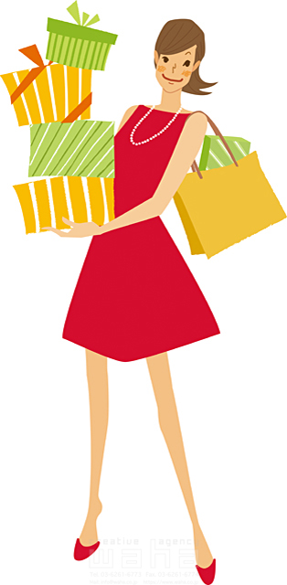 イラスト＆写真のストックフォトwaha（ワーハ）　人物、女性、ショッピング、ショッピングバッグ、紙袋、プレゼント　カワムラ アキコ　18-5293b
