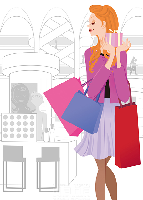 イラスト＆写真のストックフォトwaha（ワーハ）　人物、女性、ショッピング、ショッピングバッグ、紙袋、プレゼント、デパート　コヅカ ヒロミ　18-5310c
