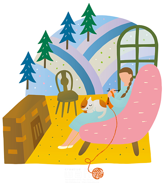 季節 冬 女性 縫い物 毛糸 猫 ソファ 暖炉 木 イラスト作品紹介 イラスト 写真のストックフォトwaha ワーハ カンプデータは無料