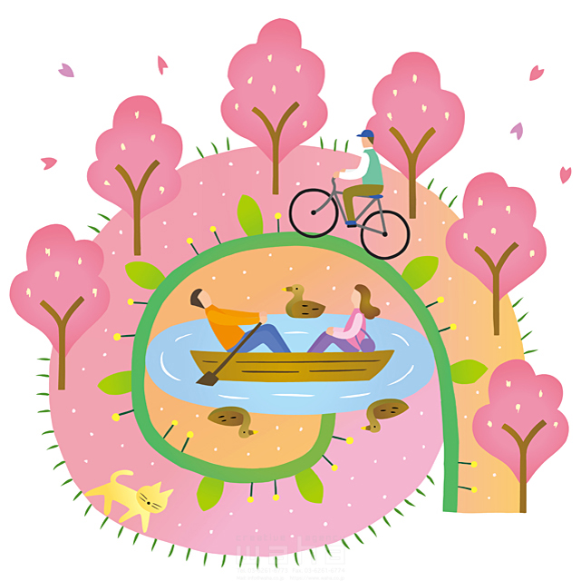 イラスト＆写真のストックフォトwaha（ワーハ）　季節、春、カップル、夫婦、桜、池、ボート、鴨、猫、自転車　荒蒔 悦子　18-5326b