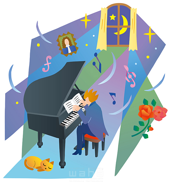 季節 冬 男性 1人 音楽 楽器 演奏 ピアノ 猫 薔薇 夜 三日月 星 音符 イラスト作品紹介 イラスト 写真のストックフォトwaha ワーハ カンプデータは無料