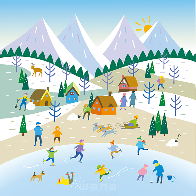 イラスト＆写真のストックフォトwaha（ワーハ）　季節、冬、人々、グループ、子供、雪、氷、遊び、スケート、釣り、ソリ、山、田舎、自然　荒蒔 悦子　18-5335c
