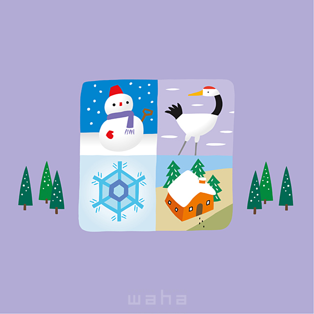 イラスト＆写真のストックフォトwaha（ワーハ）　季節、冬、雪だるま、鶴、家　荒蒔 悦子　18-5347b