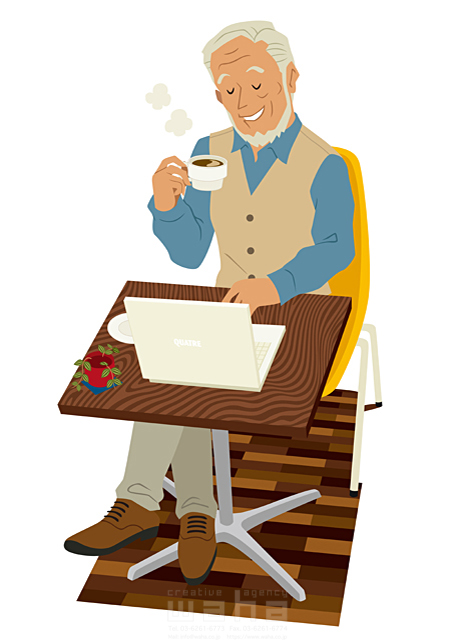 イラスト＆写真のストックフォトwaha（ワーハ）　人物、シニア、祖父、パソコン、カフェ、くつろぐ　両口 和史 　18-5408b