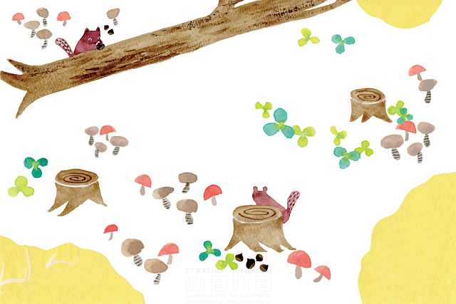 イラスト＆写真のストックフォトwaha（ワーハ）　動物、秋、森、きのこ、リス、木　naginohi　18-5443b