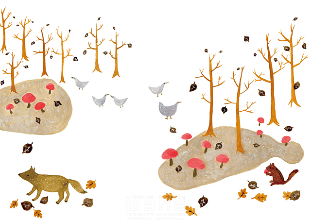 イラスト＆写真のストックフォトwaha（ワーハ）　動物、秋、紅葉、森、木、きのこ、狐、鳥　naginohi　18-5447b