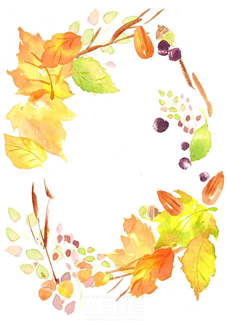 イラスト＆写真のストックフォトwaha（ワーハ）　植物、秋、落ち葉、葉、木の実、リース、実り　たけもと えりこ　18-5469b