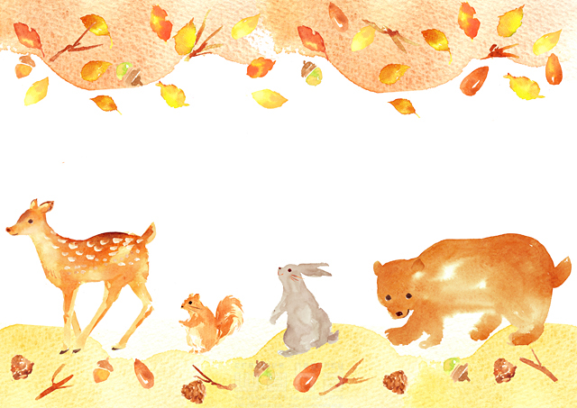 イラスト＆写真のストックフォトwaha（ワーハ）　動物、落ち葉、紅葉、葉、鹿、リス、ウサギ、クマ　たけもと えりこ　18-5483b