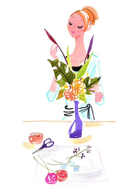 イラスト＆写真のストックフォトwaha（ワーハ）　人物、女性、植物、花、生け花、花瓶　ツグヲ・ホン多　18-5791b