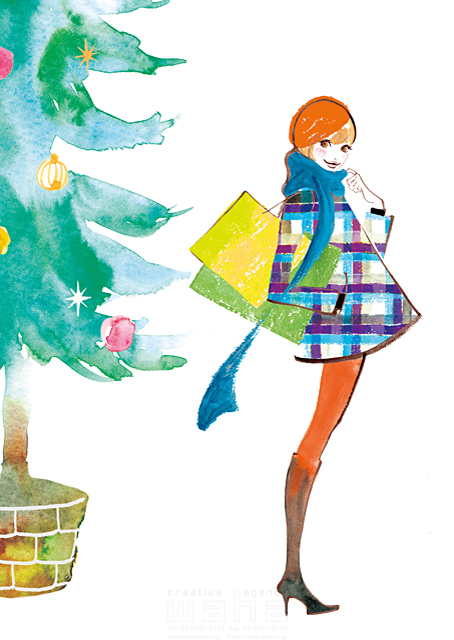 イラスト＆写真のストックフォトwaha（ワーハ）　人物、女性、クリスマス、ショッピング、クリスマスツリー　スギザキ メグミ　18-5940c