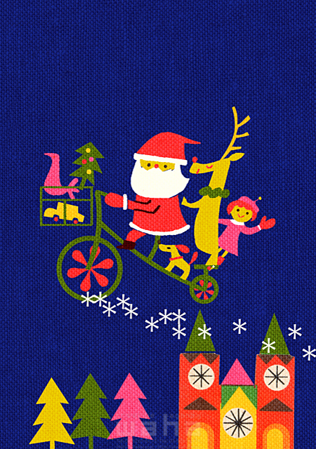 イラスト＆写真のストックフォトwaha（ワーハ）　人物、サンタクロース、クリスマス、自転車、トナカイ、プレゼント、子供　大野 和夫　18-5949b