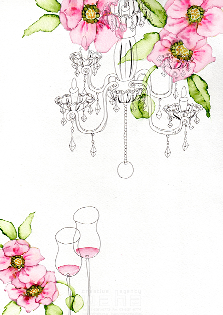 イラスト＆写真のストックフォトwaha（ワーハ）　植物、花、シャンデリア、ワイン、グラス　磯谷 真美　18-5984c