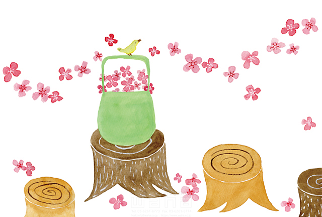 イラスト＆写真のストックフォトwaha（ワーハ）　植物、花、カゴ、鳥、切り株、春　naginohi　18-6360b
