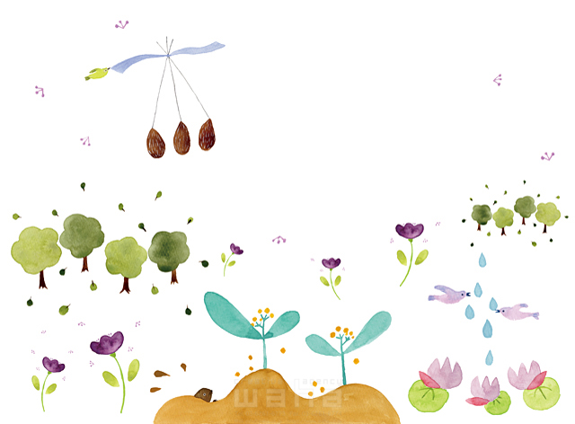 イラスト＆写真のストックフォトwaha（ワーハ）　植物、花、森、林、双葉、鳥、木の実、種、春　naginohi　18-6363b