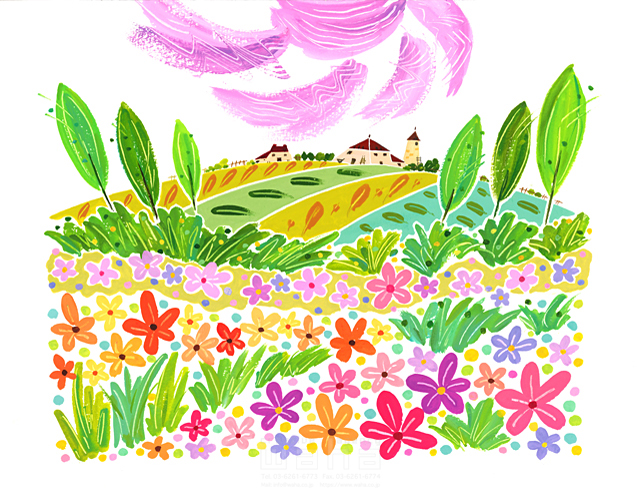 イラスト＆写真のストックフォトwaha（ワーハ）　風景、花畑、家、太陽、春　中野 和美　18-6579c