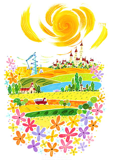 イラスト＆写真のストックフォトwaha（ワーハ）　風景、花畑、街、塔、太陽、春　中野 和美　18-6580c