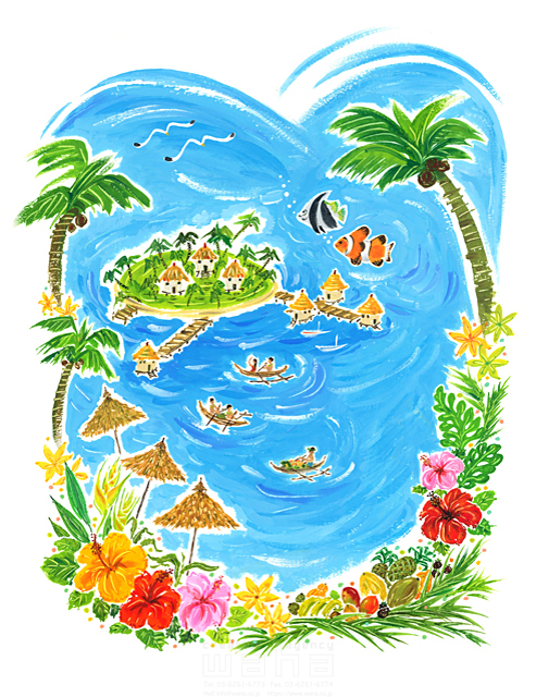 イラスト＆写真のストックフォトwaha（ワーハ）　風景、海、夏、椰子、船、南国　中野 和美　18-6584b