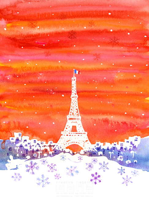 イラスト＆写真のストックフォトwaha（ワーハ）　風景、パリ、フランス、エッフェル塔、冬、雪、結晶　中野 和美　18-6586b