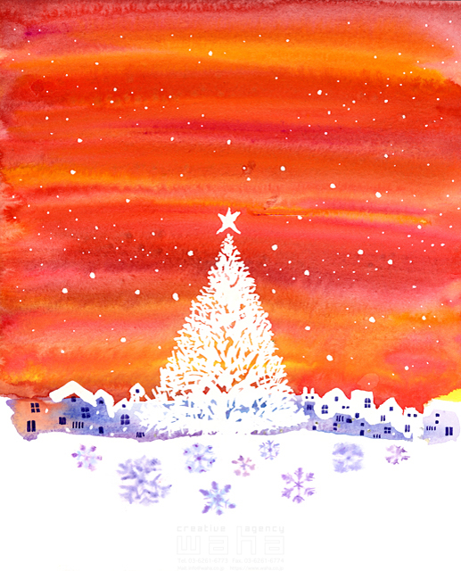 イラスト＆写真のストックフォトwaha（ワーハ）　風景、クリスマスツリー、クリスマス、冬、雪、結晶　中野 和美　18-6587b