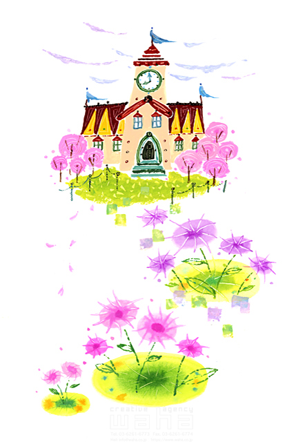 イラスト＆写真のストックフォトwaha（ワーハ）　風景、建物、学校、桜、花、植物、春　中野 和美　18-6588b