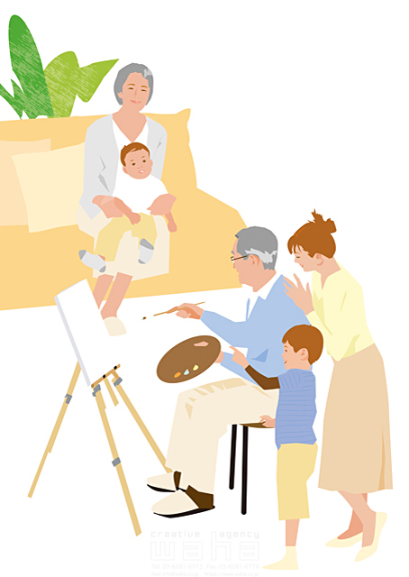 イラスト＆写真のストックフォトwaha（ワーハ）　人物、家族、母、子供、孫、シニア、三世代、ソファ、絵、絵を描く、趣味　都筑 みなみ　18-6682c