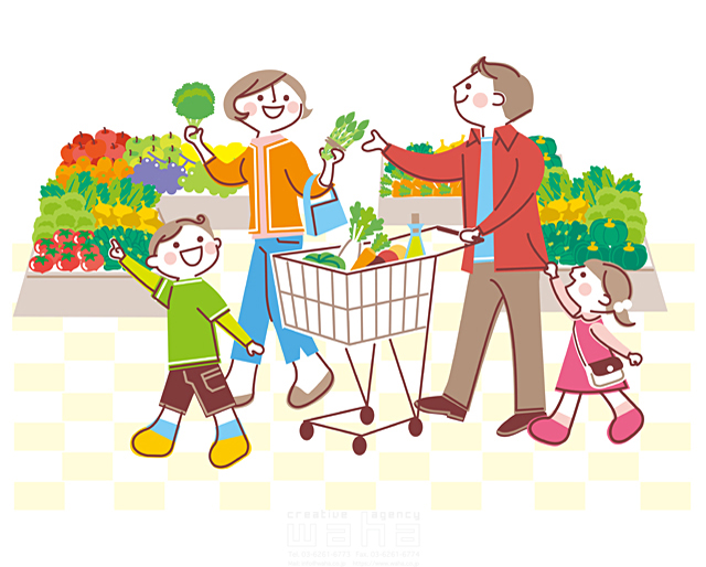 イラスト＆写真のストックフォトwaha（ワーハ）　人物、家族、父、母、子供、男の子、女の子、食材、健康、ショッピング、スーパーマーケット、野菜、買い物、食育　町田 直子　18-6829c