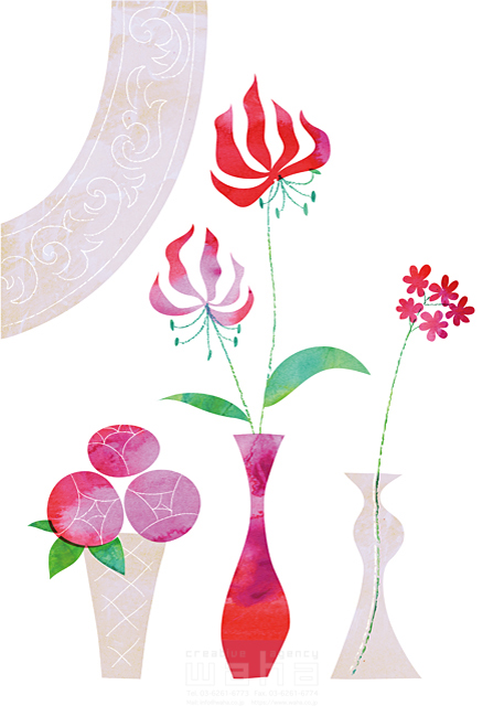 イラスト＆写真のストックフォトwaha（ワーハ）　インテリア、植物、屋内、部屋、リビング、水彩、花瓶、花、カーテン、バラ、横並び、鏡　Ananas Works　18-6921b